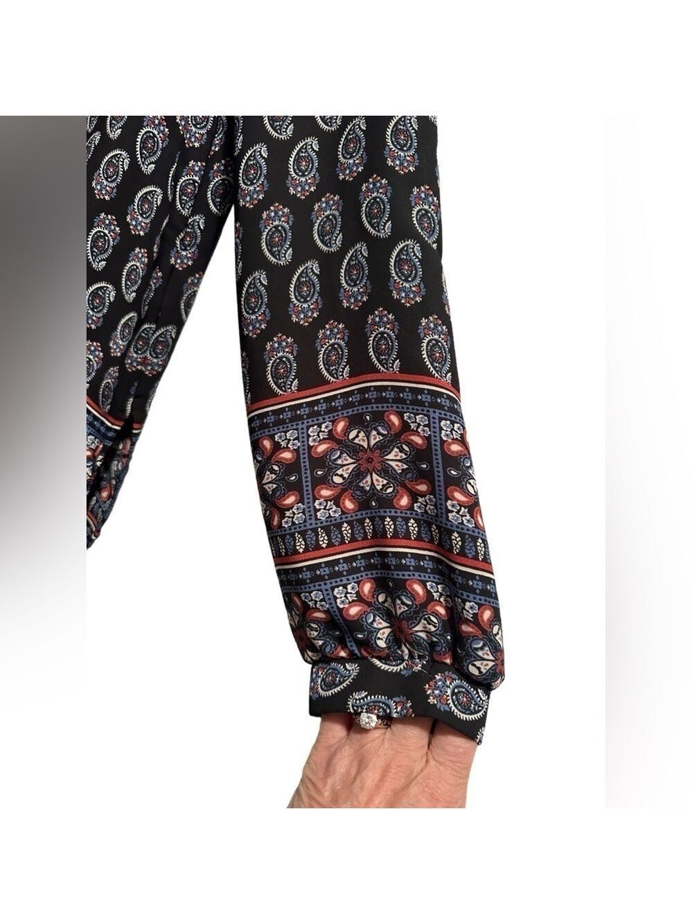 Lush Paisley Summer Sheer Blouse Womens Medium Black, Blue, Red Long Sleeves - Picture 3 of 16
